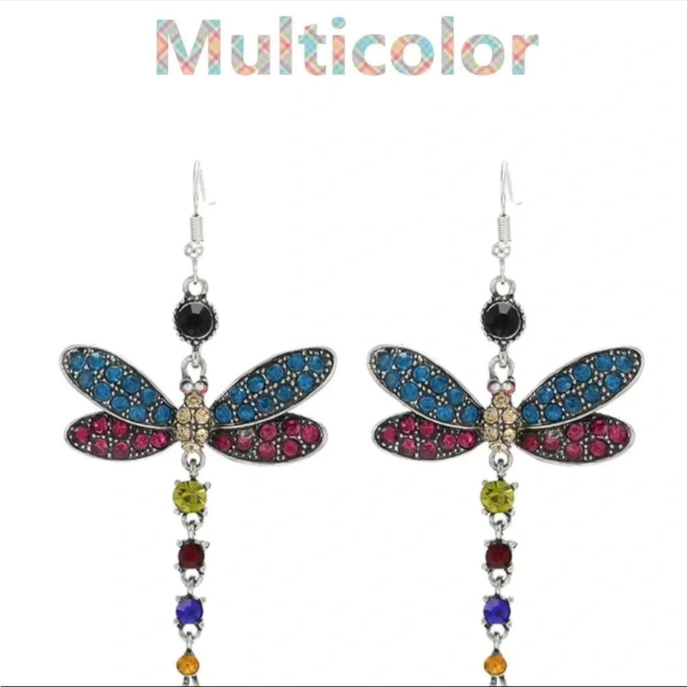 New Vintage Gorgeous Shiny Drop Dragonfly Shape Colorful Zircon Hook Earrings - Picture 5 of 5